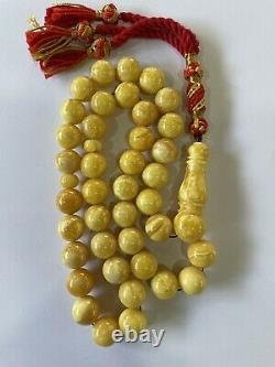 Natural Egg Yolk baltic amber Necklace Prayer Islamic 39 beads Silver 58G R2