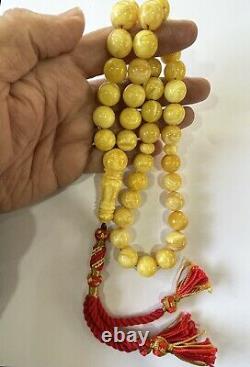 Natural Egg Yolk baltic amber Necklace Prayer Islamic 39 beads Silver 58G R2