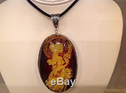 Natural Genuine Cognac Baltic Amber Cameo Pendant 925 Silver 56.5By Irena Wastag