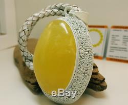 Necklace Pendant Huge Big Natural Baltic Amber 70,2g White Real Leather M-120