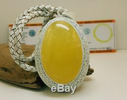 Necklace Pendant Huge Big Natural Baltic Amber 70,2g White Real Leather M-120