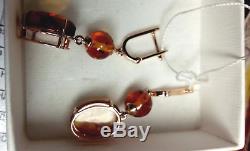 New Russian Solid 14k 585 Rose Gold Natural Baltic Amber Earrings 4,76gr