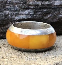 Old Natural Flush Inlay Baltic Butterscotch Egg Yolk Amber Sterling Silver Ring