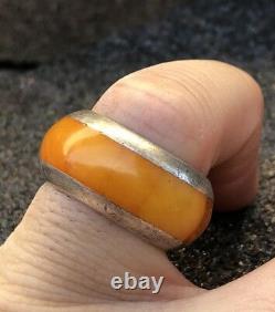 Old Natural Flush Inlay Baltic Butterscotch Egg Yolk Amber Sterling Silver Ring