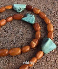 RARE CHINESE SILVER NATURAL BUTTERSCOTCH BALTIC AMBER & TURQUOISE NECKLACE 82.6g