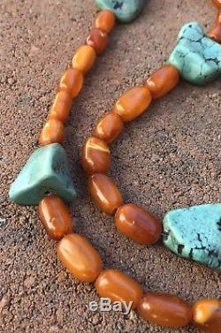 RARE CHINESE SILVER NATURAL BUTTERSCOTCH BALTIC AMBER & TURQUOISE NECKLACE 82.6g