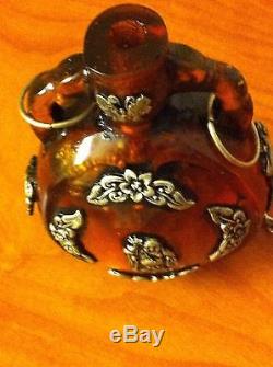 Rare Antique 17c Natural Egg Yolk Baltic Amber Chinese Silver Stamped Vase