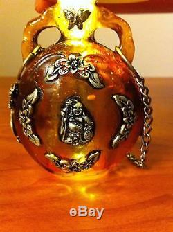 Rare Antique 17c Natural Egg Yolk Baltic Amber Chinese Silver Stamped Vase