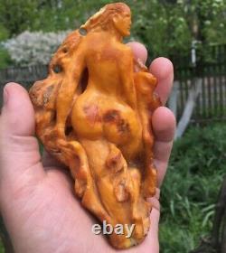 Rare Old Vintage Natural Baltic Amber Figure Girl Egg Yolk Royal Tiger 105 gr