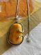 Rare Vintage Sterling Silver Huge Baltic Amber Pendant & 14 Sterling Chain