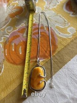 Rare Vintage Sterling Silver Huge Baltic Amber Pendant & 14 Sterling Chain