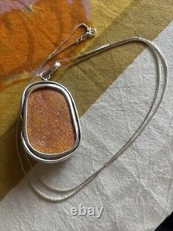 Rare Vintage Sterling Silver Huge Baltic Amber Pendant & 14 Sterling Chain