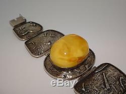 Silver 925 Natural Egg Yolk Butterscotch Baltic Amber Bracelet Unique 63 Grams