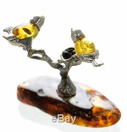 Solid 925 Sterling Silver Natural Baltic Amber Love Birds Sculpture Figure