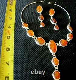 Sterling Silver Baltic Amber LARGE Y NECKLACE and Matching EARRINGS! WOW