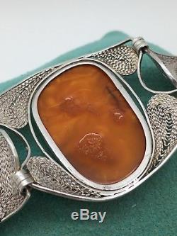 Stunning Vintage Natural Amber Silver Butterscotch Egg Yolk Baltic Bracelet