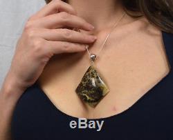 Unique Natural Baltic Amber Pendant Diamond Shape Grey Black Color Handmade Jewe