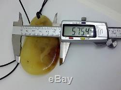 Unique Natural Baltic Sea Amber Yellow Marble with leather Big Pendant 71.17 g