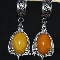 VINTAGE Earrings STERLING SILVER 925 STONE Natural Baltic amber BUTTERSCOTCH EGG