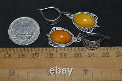 VINTAGE Earrings STERLING SILVER 925 STONE Natural Baltic amber BUTTERSCOTCH EGG