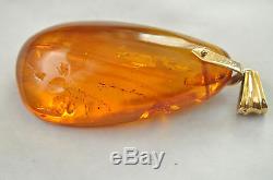 Vintage 14K Solid Gold and Large Natural Baltic Amber Pendant 17.22 Grams