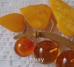 Vintage Amber Large Brooch Natural Baltic Egg Yolk Honey Amber Gold Plated Brass