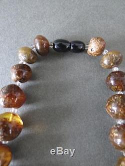 Vintage Natural Baltic Black Raw Amber Round Graduated Bead Necklace