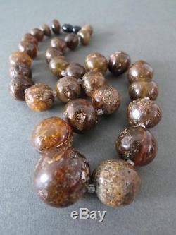 Vintage Natural Baltic Black Raw Amber Round Graduated Bead Necklace