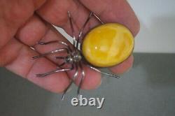 Vintage Natural Egg Yolk Baltic Amber German Silver Large Spider Pin Brooch
