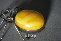 Vintage Natural Egg Yolk Baltic Amber German Silver Large Spider Pin Brooch