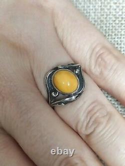 Vintage Natural egg yolk Baltic amber ring 925 Sterling silver size p 7.5