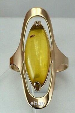 Vintage Original Soviet Rose Gold Ring with Natural Baltic Amber 583 14K USSR