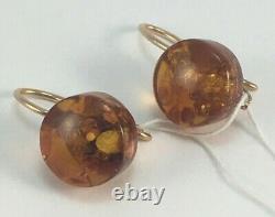 Vintage Original Soviet Russian Natural Amber Rose Gold Earrings 583 14K USSR