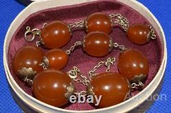 Vintage Soviet Gilt Sterling Silver 875 Natural Baltic Amber Beads Necklace 38gr
