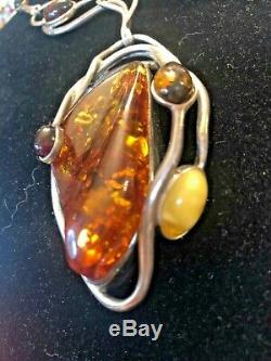 Vintage Sterling Silver Genuine Natural Amber Necklace Art Nouveau Baltic Honey