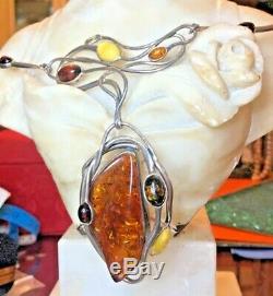 Vintage Sterling Silver Genuine Natural Amber Necklace Art Nouveau Baltic Honey