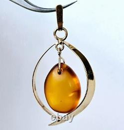 Vintage USSR 14K 583 Rose Gold & Natural Baltic Amber Pendant