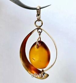 Vintage USSR 14K 583 Rose Gold & Natural Baltic Amber Pendant