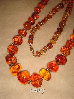 Vtg. 33 Sterling Silver Graduated Natural Baltic Amber Necklace 14k Gold Clasp