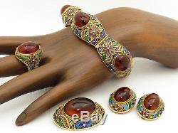 Vtg Chinese Enamel Silver Natural Baltic Amber Bracelet Earrings Brooch Ring Set