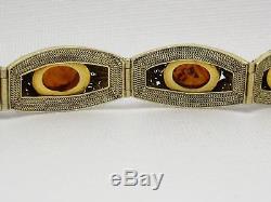 Vtg Chinese Enamel Silver Natural Baltic Amber Bracelet Earrings Brooch Ring Set