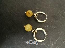 Vtg Natural Baltic Egg yolk Amber solid 9ct gold hoops earrings drop huggie h