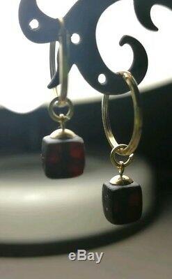 Vtg Natural Baltic cherry Amber solid 9ct gold hoops earrings drop huggie