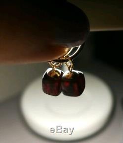 Vtg Natural Baltic cherry Amber solid 9ct gold hoops earrings drop huggie