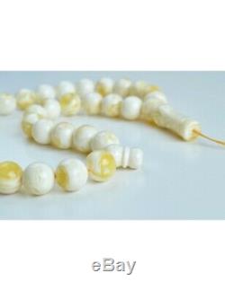 White Amber Round Beads, Creamy Yellow Baltic Amber Islamic Prayer Beads 33 Worr