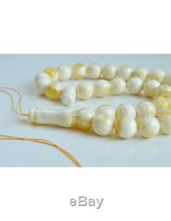 White Amber Round Beads, Creamy Yellow Baltic Amber Islamic Prayer Beads 33 Worr
