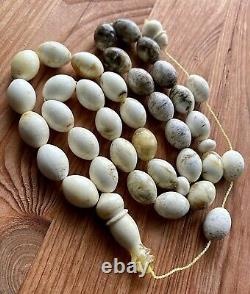 White Natural Baltic Amber Islamic Prayer Rosary 65g. Olive Beads Tesbih Misbaha